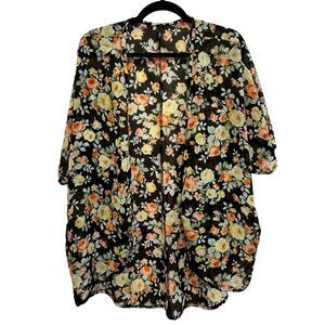 Oboe Black Floral Kimono Top Women's Size L Open Front Short Sleeve Boho Blouse